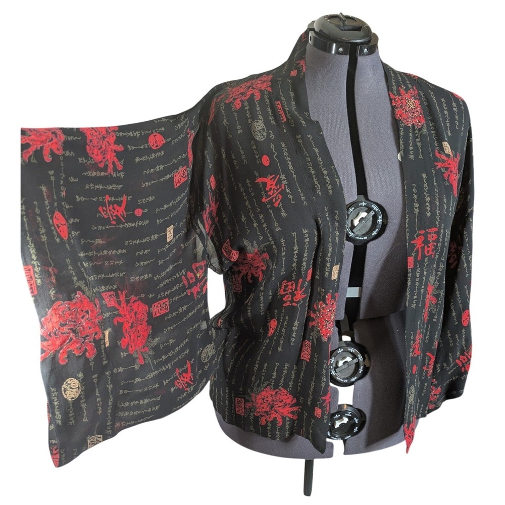 Vintage 90s Open Kimono Jacket Chico's 2 L Black Red and Gold Calligraphy Rayon